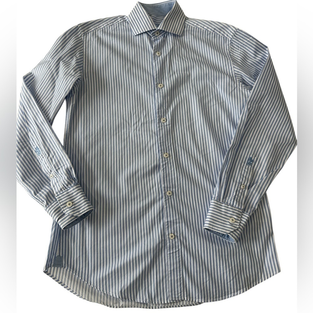 Bugatchi Blue and White Vertical Stripe Dress Shirt